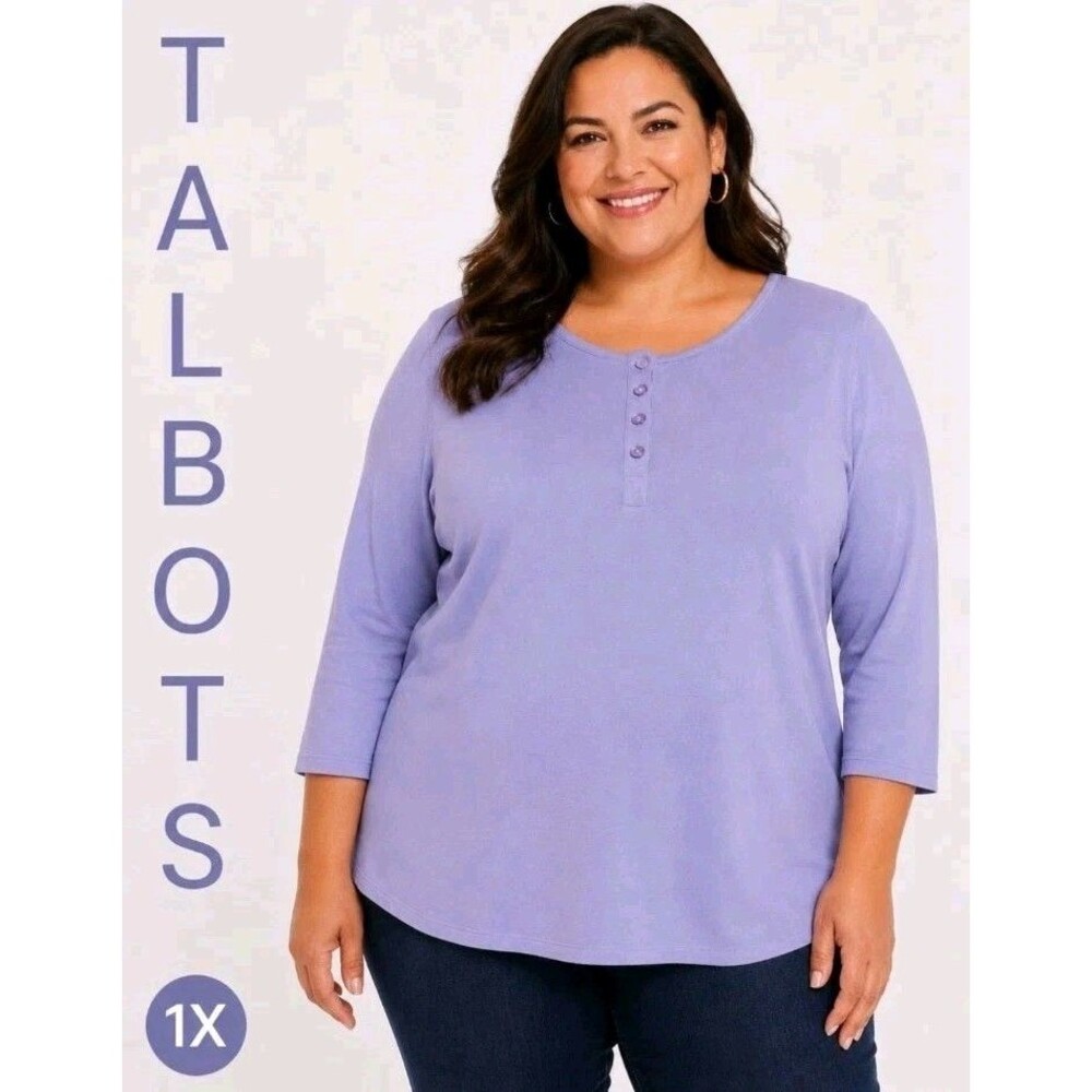 TALBOTS Womens 1X Henley 3/4 Bracelet Slv Cotton Solid Lavender Purple Top FLAW